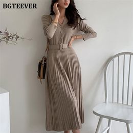 Casual Dresses BGTEEVER Elegant V-neck Single-breasted Women Thicken Sweater Dress Autumn Winter Knitted Belted Female A-line soft dresses 221007