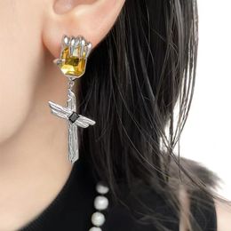 Dangle & Chandelier 2022 Dark Personality Cross Dangle Earring For Women Exquisite Yellow Crystal Charm Drop Earring Boucle Oreille Fine Jewelry