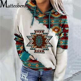 Women's Hoodies Sweatshirts Women Vintage Boho Printed Hooded Sweatshirt Autumn Female Long Sleeve Drawstring Casual Loose Pullover 221007