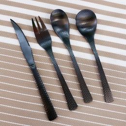Dinnerware Sets Full Hammered Black Tableware 304 Stainless Steel Luxury Cutlery Set Steak Knife Teaspoons Forks For Home Kitchen Utensils