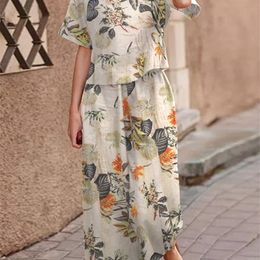 Women's Two Piece Pants Summer Floral Wide Leg Tracksuits Female Women Casual Cotton Matching Sets ZANZEA Bohemian Printed Short Sleeve Pant Sets 221007