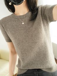 Women's Knits Tees Spring and Summer Shortsleeved Women Oneck Slim Wool Cotton Blend Pullover Vest Tshirt Knitted Base Sweater 221007