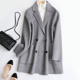 Womens Wool Blends Autumn Women Midi Length Coat Turn Down Collar Drouble Button Design 100% Wool Women Grey Black Woollen Coat Casaco Feminino 221007