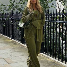 Women's Two Piece Pants Clacive Elegant Green Pants Set Women Autumn Long Sleeve Blouses Matching Wide Trousers Suit Loose Shirts Two Piece Pant Set 221007