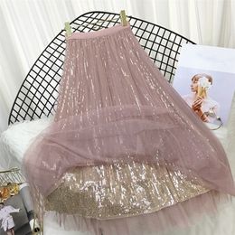 Skirts Lucyever Fashion Sequined Pleated Women Spring Summer Tulle A-line Long Skirt Female Elegant Chic High Waist Midi 221007