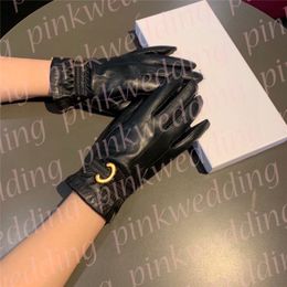Women Five Fingers Gloves Metal Letter Sheepskin Mittens Plush Warm Motorcycling Gloves Christmas Gift with Box