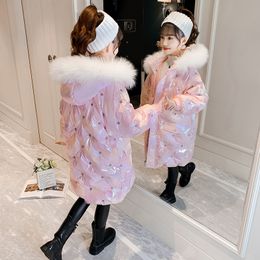 Down Coat Winter Girls Hooded Fur Collar Cotton Mid length Children's Padded Warm Snow Jacket Kids Fashion Waterproof Outwear TZ788 221007