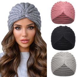 Headbands Haimeikang Women New Bandanas Turban Winter Knit Turban Cap Centre Cross Hair Scarfs Boho Knotted Warm Headband Muslim Hat T221007