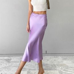 Casual Dresses Mnealways18 Solid Purple Satin Silk Skirt Women High Waisted Summer Long Elegant Ladies Office s Midi Spring 221007