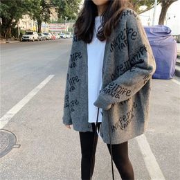 Women's Knits Tees V Neck Women Button Black Houndstooth Cardigan Long Sleeve Sweater Autumn Winter Knitted Loose Oversized Jumper Casual 221007