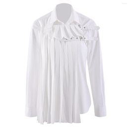Women's Blouses Women Chic Pleated Shirt Loose Lapel Solid Colour Designer White Korean Fashion Blouse