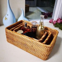 Storage Bottles Hand-Woven Rectangular Rattan Wicker Basket Fruit Tea Snack Bread Picnic Cosmetic Box Kitchen Supplies Household Tools