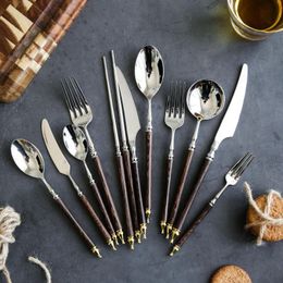 Dinnerware Sets Western Tableware Set Golden Bottom Chicken Wings Wooden Handle 304 Stainless Steel Steak Knife Fork Spoon Chopstick