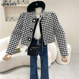 Womens Jackets Vintage Houndstooth Cropped Jacket Women Elegant Long Sleeve Black White Plaid Short Coat Korean Fashion Luxury Design Outerwear 221007