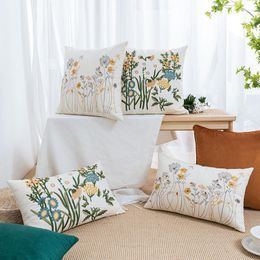 Pillow Cotton Canvas Flower Embroidery Cover Garden Style Plant Jacquard Thickened Sofa Chair Office Pillowcase
