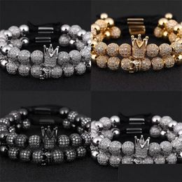 Charm Bracelets 2Pcs/Set Luxury Crown Charm Men Bracelets 8Mm Micro Pave Cz Round Braided Rame Bracelet Pseira Feminina Handmade Jewe Dhfnk