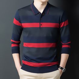 Men's Polos Minglu Spring Autumn Long Sleeve Men's Polo Shirts Fashion Turn Down Collar Striped Business Casual Knitted Male Tops 3XL 221006