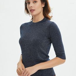 Women's Sweaters Sueter Mujer 2022 O Neck Shiny Lurex Sweater Women Casual Spring Pullover Knit Jumper Half Sleeve Tops Black Grey Beige