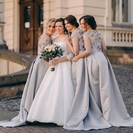 2023 Gray Bridesmaid Dresses 1/2 Half Sleeves Satin Lace Applique Ruched Pleats A Line Sweep Train Maid Of Honor Gown Vestidos Custom Made Plus Size 401 401