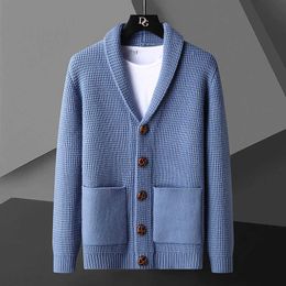 Sweaters Solid Colour Knitted Cardigan 2021 Autumn V-neck Men's Sueter Hombre Blue Khaki Mens Y2210