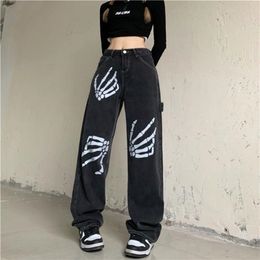 Women's Jeans Punk style Harajuku skull white bone fashion jeans women loose straight-leg pants retro street 's denim joggers 221007