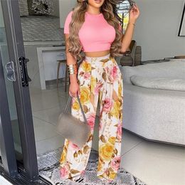 Women's Two Piece Pants Summer Women Two Piece Sets Elegant Print Office Lady Outfits Elegant O Neck Short Sleeve Shirt Pullover Wide Leg Pants Suits 221007
