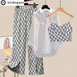 Women's Two Piece Pants Summer Elegant Women's Pants Set White Shirt Blouse Vest Creative Letter Wide Leg Trousers Three Piece Set Leisure Tracksuit 221007