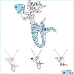Pendant Necklaces Mermaid Pendants Necklace Alloy Sier Plating Clavicar Chain Charms Women Rhinestone Necklaces Fashion Jewellery White Dhxs9