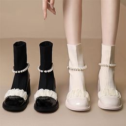 Boots Fashion Women Short Pearl Slipon Platform Mid Calf Ladies Mary Jane Shoes Female Autumn Casual Woman 221007