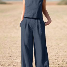 Women's Two Piece Pants Summer Loose O-Neck Top Wide Leg Pants Two Piece Elegant Pullover Pants Summer Suit Women Harajuku Style Cotton Linen Suit 221007