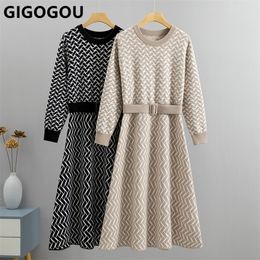 Casual Dresses GIGOGOU Luxury Jacquard Women Long Knit Sweater CHIC Autumn Winter A Line With Belt Pleated Maxi Midi Party 221007