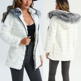 Women Coat jacket thanksgiving gift Winter Faux Fox Fur outdoor warm leisure fashion street shot long sleeve Fur collar coats white grey black color hooded jackets