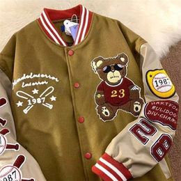 Men's Jackets American Retro Bear Embroidered Jackets Coats Men's Y2K Street Hip Hop Trend Baseball Uniform Couple Casual Wild Jacket 221007