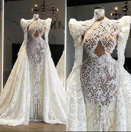 Fashion Pearls Illusion Mermaid Wedding Dresses Lace Appliques Bridal Gown Custom Made Beaded with Overskirts Wedding Gowns