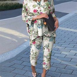 Women's Two Piece Pants Men's Tracksuits ZANZEA Bohemian Summer Floral Printed Holiday Matching Sets Long Sleeve O Neck High Low Blouse Femme Fashion Casual Loose