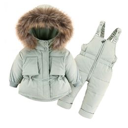 Down Coat Children Winter Clothes Set -30 Degree Down Jacket Jumpsuit Baby Boy Parka Real Fur Girl Toddler Thick Warm Overall Snowsuit 221007