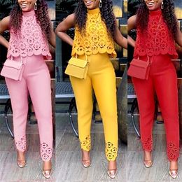 Women's Two Piece Pants Solid Color Two Piece Set Women Pant Suits Sexy Hollow Lace Sleeveless Pullovers Crop Top Long Pants Women Outfit Tracksuits 221007