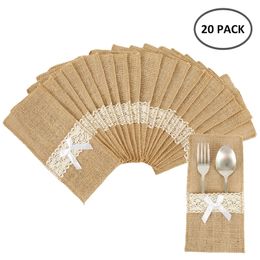 Other Event Party Supplies 20pcs Natural Jute Burlap Cutlery Holders Packaging Fork and Knife Pouch for Wedding Birthday Tableware 221007