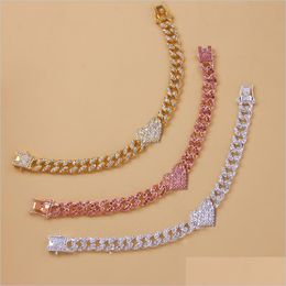 Anklets Anklets Fashion Hip Hop Crystal Heart-Shaped Anklet For Women Bracelet Men Miami Cuban Link Chunky Wholesale Foot Chain Iced Dh4X5