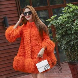 Women's Fur Faux real natural genuine rabbit fur coat with lamb cuff and hem women's fashion loose style 3 4 sleeve jacket warm winter L221006