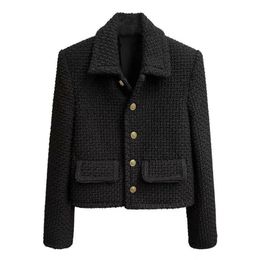 Womens Jackets Black Vintage Lapel Cropped Tweed Jacket Women Korean Fashion Single Breasted Blends Coat Elegant Luxury Design Short Outerwear 221007