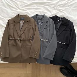 Womens Suits Blazers Korean Fashion Chain Belted Blazer Jacket Women Streetwear Vintage Long Sleeve Loose Suit Coats Spring Casual Design Outerwear 221007