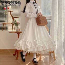 Casual Dresses Japanese Solid Color Double Layer Vintage French Ruffled A-line Skirt Hepburn Style Black White Half Female Long s 221007
