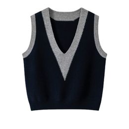 Women's Vests 3940 Black Grey Khaki Short Knitted Vest Women Spliced Colour Vneck Korean Style Sweater Vest Female Outerwear Vest Pullovers 221007