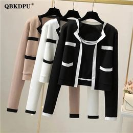 Womens Knits Tees Korean Fashion Cropped Knitted Cardigan Women Casual 2 Piece Set Spring Thin Elegant Long Sleeve Sweater Cardigan And Vest Tops 221007