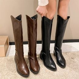 Boots Rimocy Pu Leather Western Cowboy Long Boots Women Autumn Winter Pointed Toe Knee High Boots Woman Brown Squre Heels Botas Shoes 221007