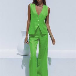 Women's Two Piece Pants OOTN Office 2 Pieces Sets Elegant Cotton Linen V-Neck Sleeveless Button Vest Outfit Summer High Waist Wide Trousers Suit Women 221007