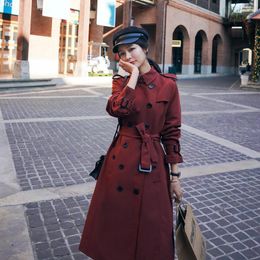 Women's Trench Coats Brand England Style Elegant Double-Breasted Slim Women Coat Red Long With Belt Lady Windbreaker Female Duster