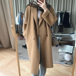 Womens Wool Blends Doublesided cashmere overcoat womens long autumn and winter senior sense Herben style over the knee woollen coat 221007