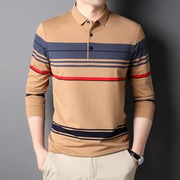 Men's Polos High End Luxury Autumn Good Quality Men's Polo Shirt Lapel Stripe Elastic British Designer Trend Classic Casual Long Sleeve 221006